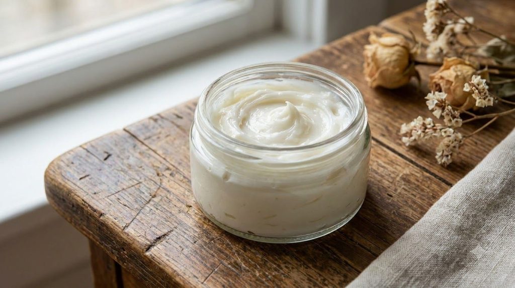 A close-up of a small glass jar filled with the freshly mixed creamy blend of Vaseline baby oil and ceramide cream with 
