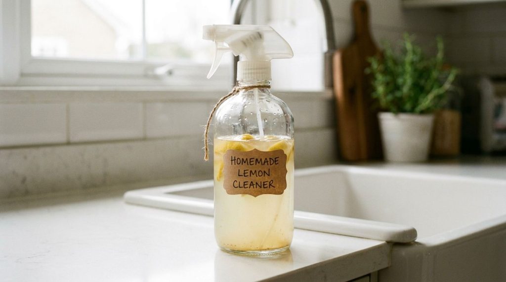 A clear spray bottle filled with homemade lemon peel cleaner labeled on a kitchen counter
