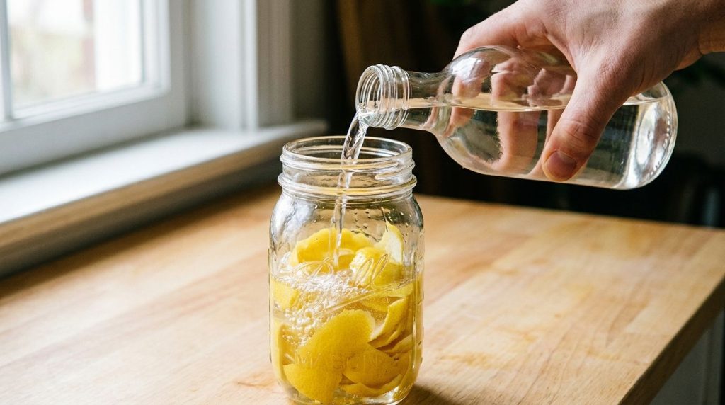 A hand pouring white vinegar over lemon peels in a glass jar ready for infusion