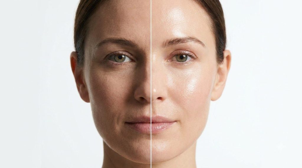 A split image showing a before side with dull slightly wrinkled skin and an after side with visibly smoother glowing and