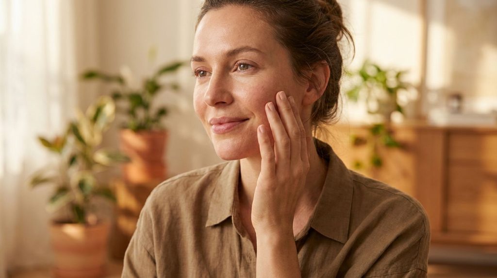 A woman gently touching her radiant smooth skin showing a healthy glow after using a beauty treatment