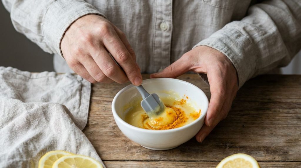 Close-up of hands mixing Vaseline lemon juice and turmeric powder in a small bowl with a mini spatula
