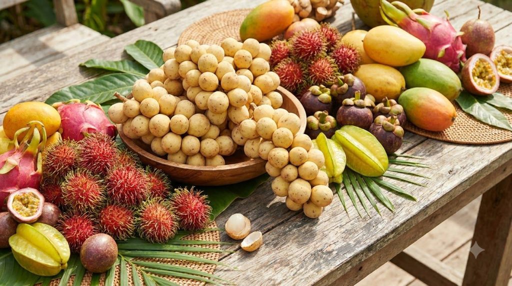 A variety of tropical fruits including langsat arranged attractively on a rustic wooden table emphasizing healthy eating