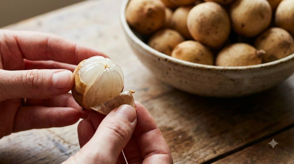 A hand gently peeling the skin off a ripe langsat fruit revealing the translucent segmented flesh within The background 