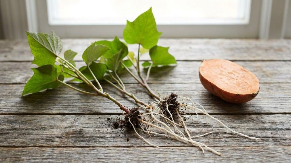 Close-up of several sweet potato slips each with established roots ready to be separated from the main sweet potato