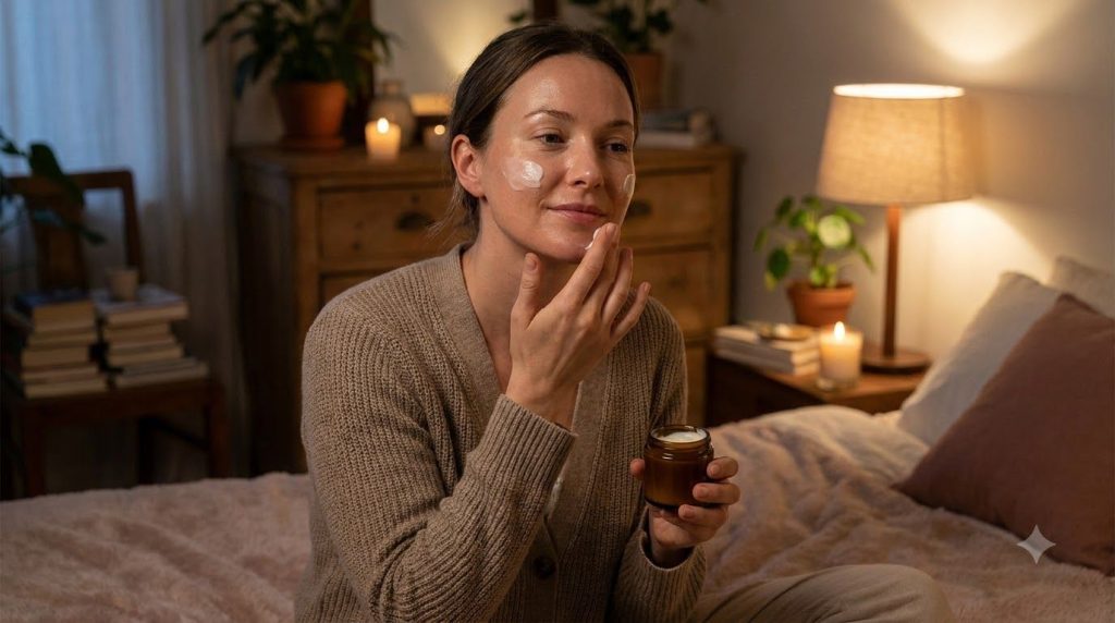 A woman applying a creamy night balm to her face before bed her skin looking soft and hydrated The scene is warm and coz