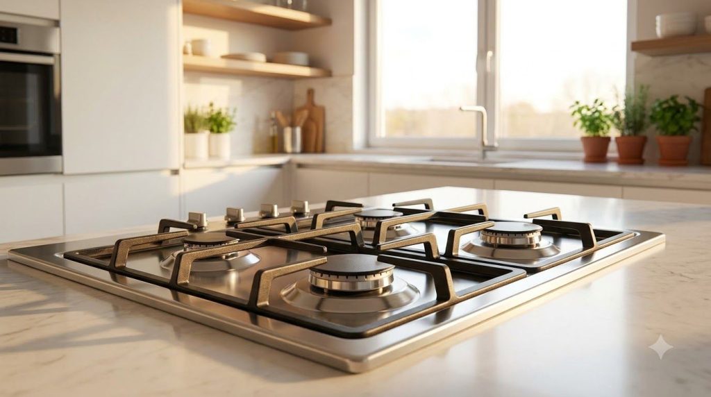 A perfectly clean gleaming gas stovetop with no visible grime or grease reflecting the kitchen lights Burner grates are