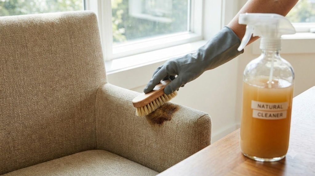 A person s hand wearing a protective glove using a soft brush to gently scrub a stained area on an upholstered chair A s