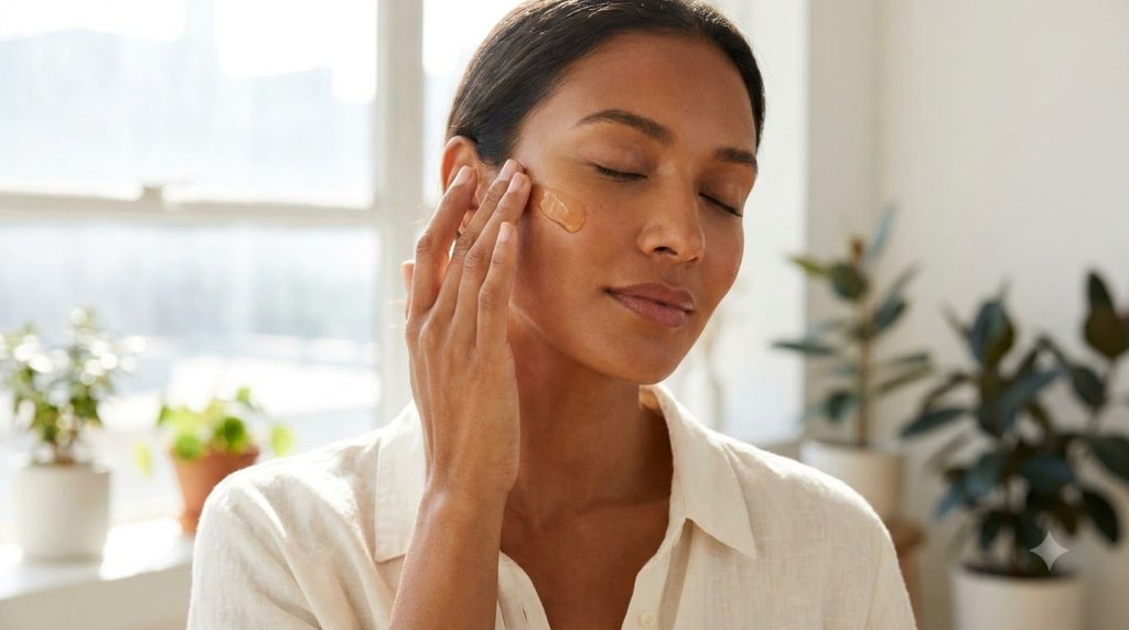 A woman gently massaging the golden glow serum onto her face with soft circular motions her skin looking radiant and hea