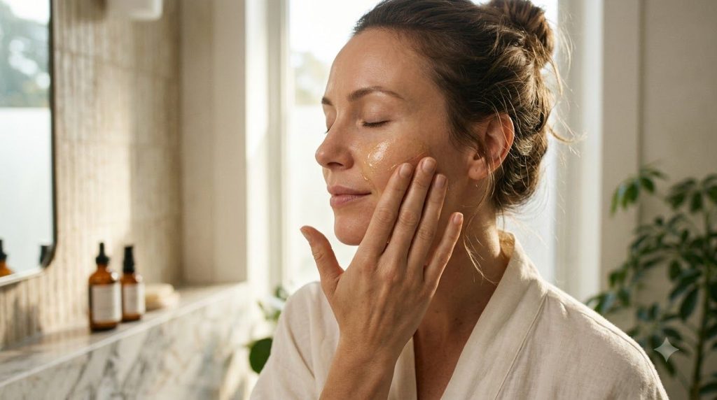 A woman gently applying a golden-hued serum to her face with a focus on her glowing skin in a soft natural light setting