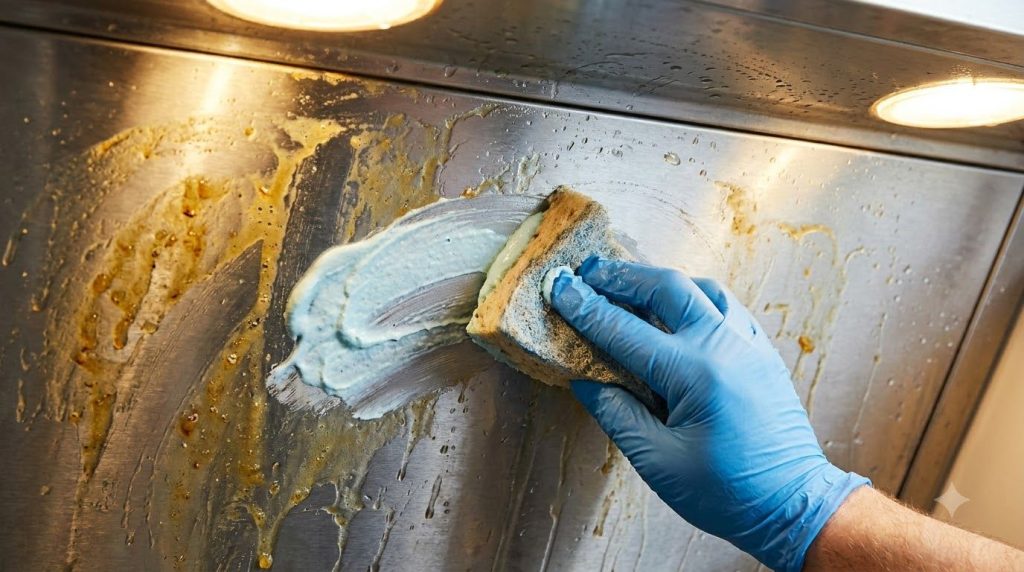 Person s gloved hand applying a thick blue cleaning paste to a very greasy stainless steel range hood with a sponge