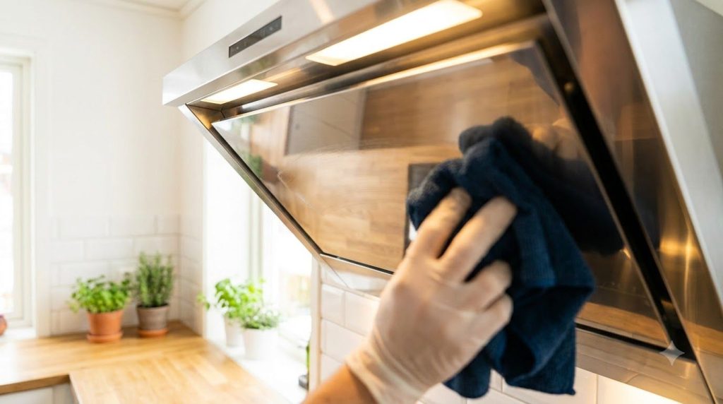 Sparkling clean stainless steel range hood after cleaning reflecting the kitchen lights with a person s hand polishing i