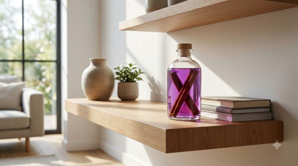 Un ambientador casero de líquido púrpura con palitos de canela colocado elegantemente en una repisa en un salón moderno 