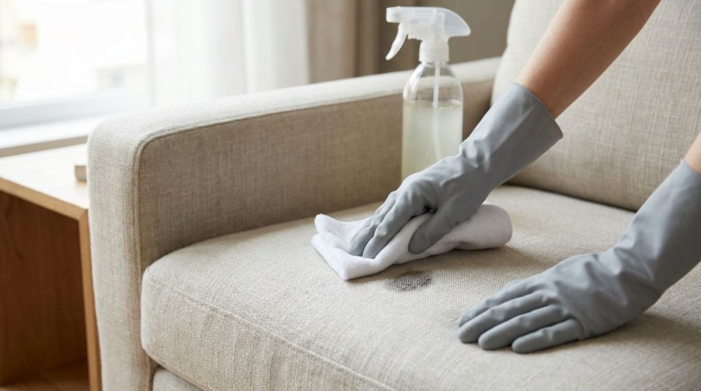 Person gently scrubbing a sofa stain with a microfiber cloth and homemade cleaning solution showing careful technique