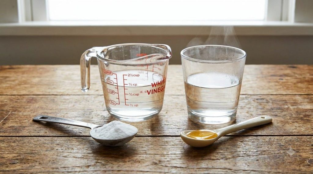 Ingredients for homemade sofa cleaner baking soda white vinegar dish soap and water arranged on a kitchen counter