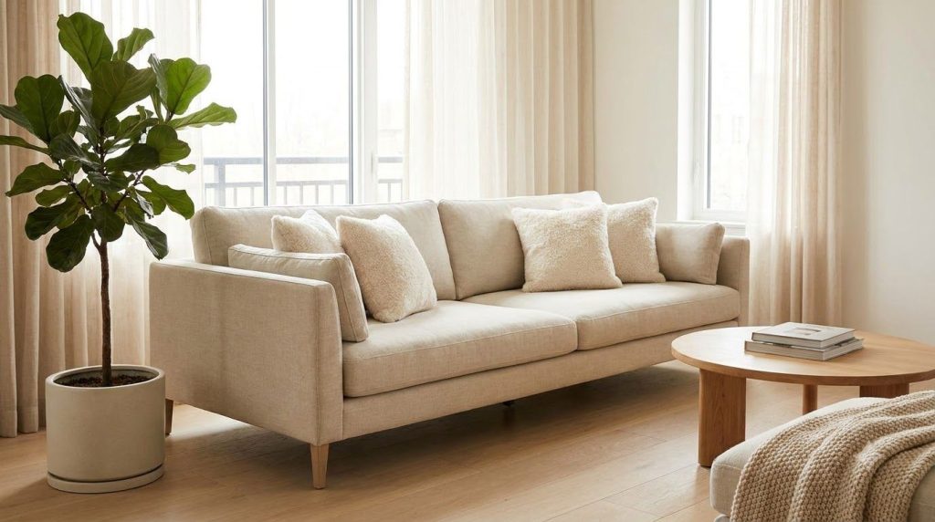 Clean and spotless beige sofa after being cleaned looking fresh and new in a bright living room