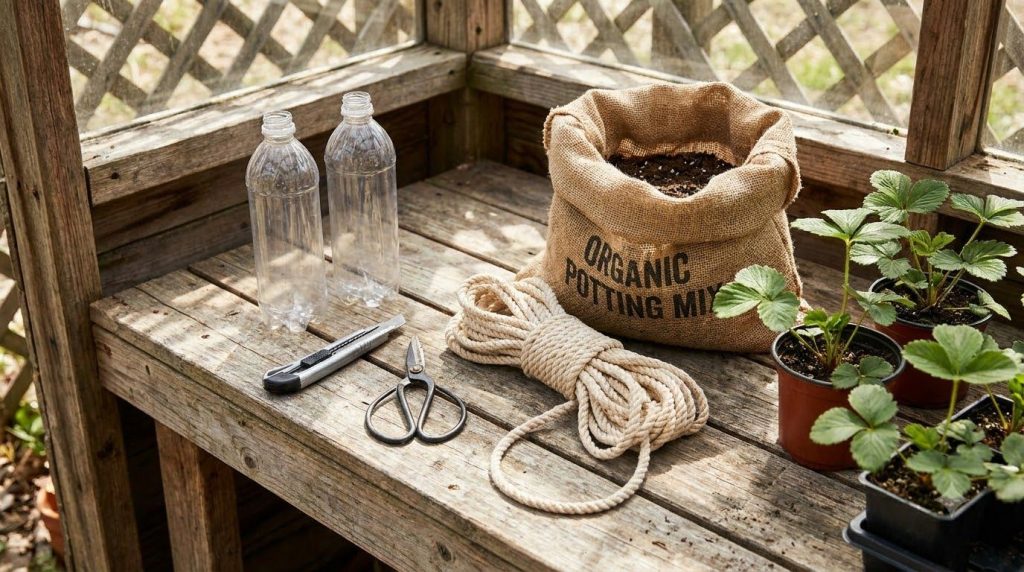 All materials laid out on a gardening bench two empty plastic bottles a sharp knife scissors a roll of cotton rope a bag