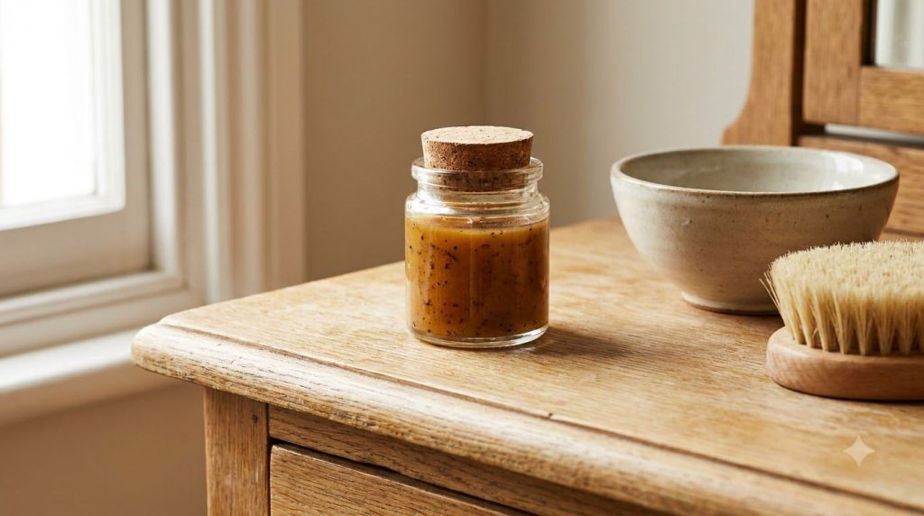 A small glass jar filled with the prepared DIY Glow Cream showing a smooth coffee-infused petroleum jelly mixture The ja