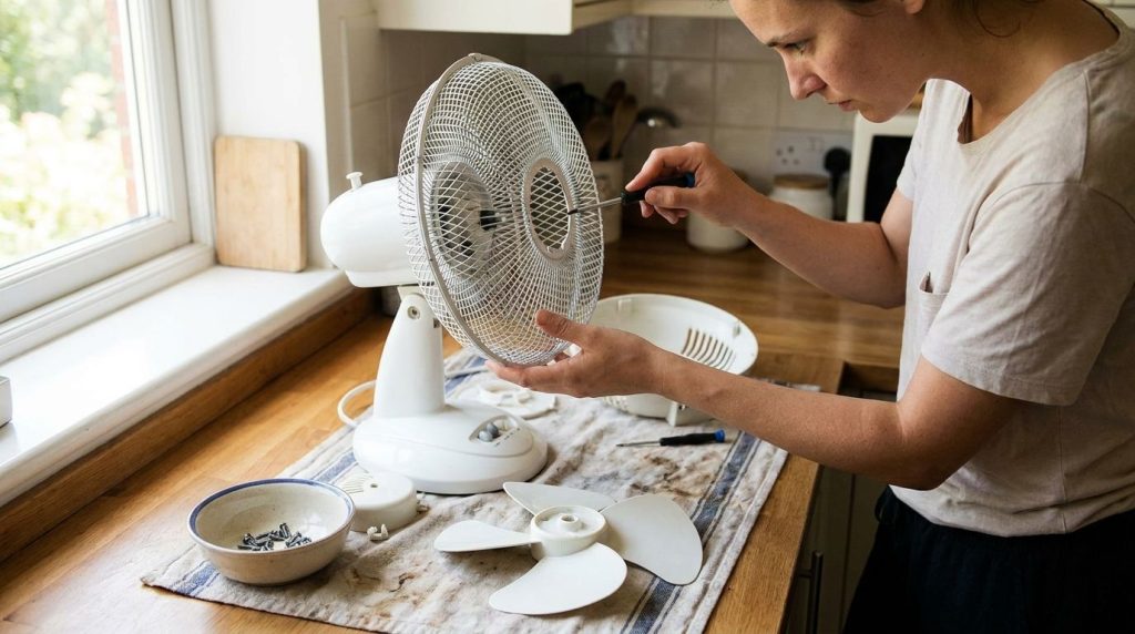 A person carefully unscrewing the front grille of an electric desk fan with other disassembled fan parts laid out on an