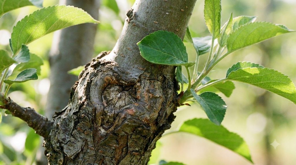 A close-up image showing a successful graft union on a young apple tree clearly illustrating how the scion has joined wi