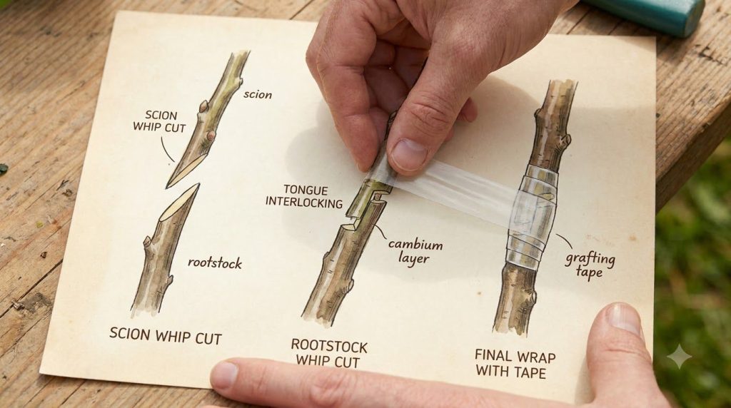A clear detailed diagram illustrating the steps of a whip-and-tongue graft for an apple tree showing the precise cuts on