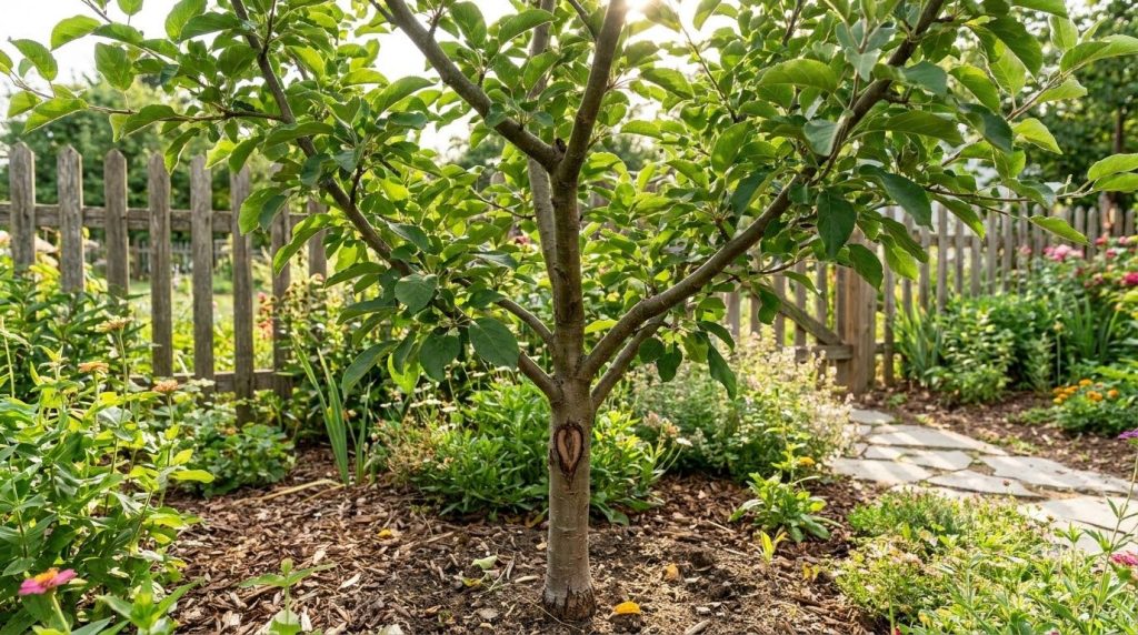 A healthy young grafted apple tree flourishing in a home garden showing clear signs of successful growth at the graft un