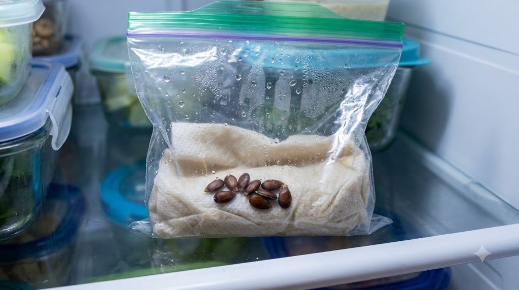 Close-up of apple seeds undergoing cold stratification nestled in a damp paper towel inside a clear plastic bag with con