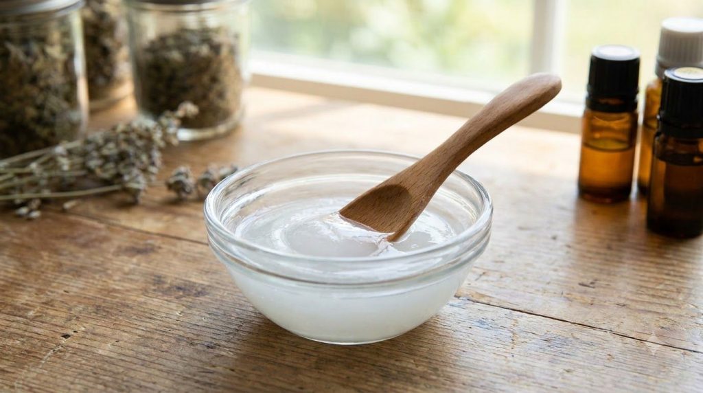 A close-up shot of a small glass bowl containing a smooth white gel-like mixture with a small spatula resting in it agai