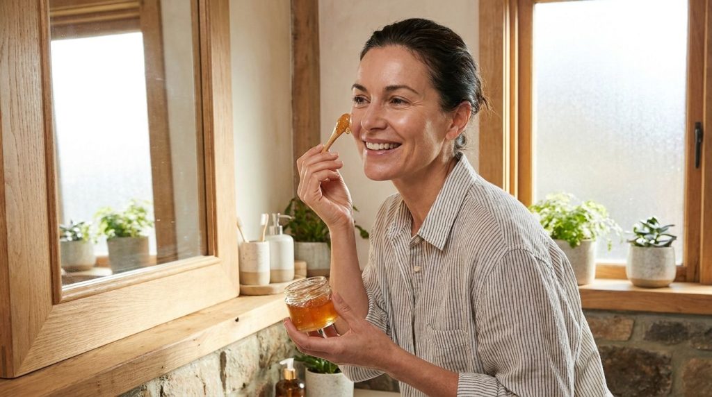 A woman gently applying a homemade face gel to her clean face looking into a mirror in a well-lit bathroom