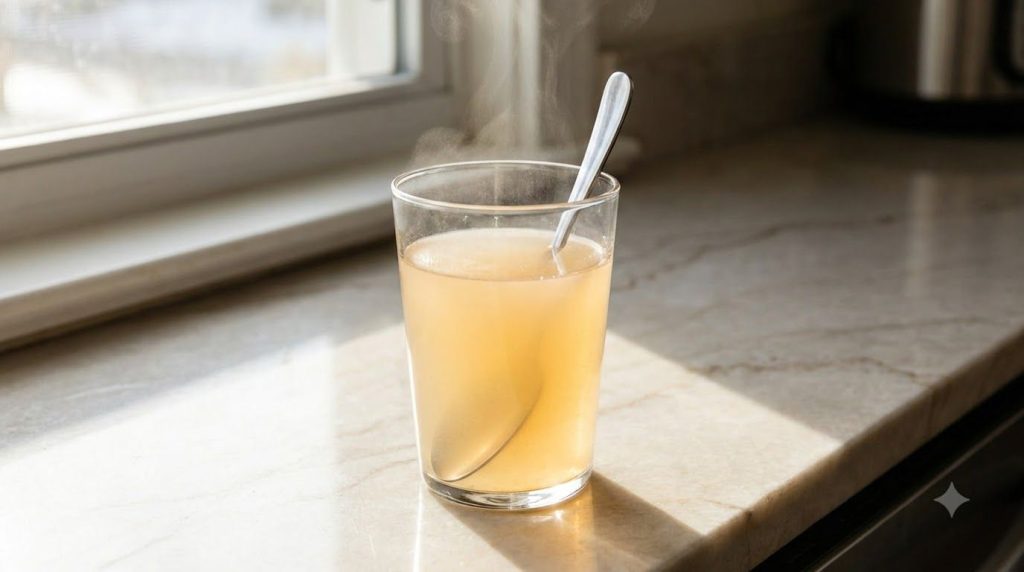 A clear glass filled with a transparent liquid possibly warm water and dissolved gelatin with a spoon resting in it on a