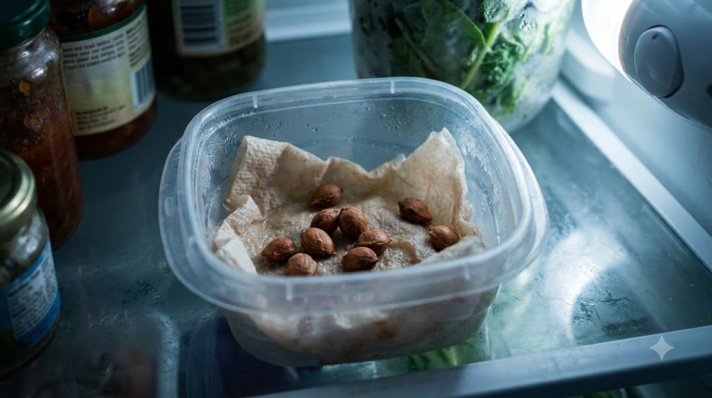 Cherry pits undergoing cold stratification in a container with a damp paper towel inside a refrigerator
