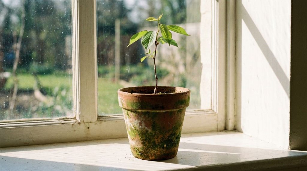 A small cherry tree seedling in a terracotta pot showing its first true leaves placed on a sunny windowsill