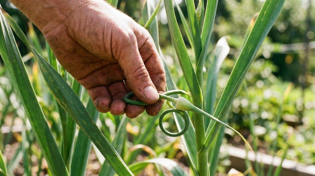 A hand gently pinching off a garlic scape from a hardneck garlic plant in a garden The scape is green and curly and the 