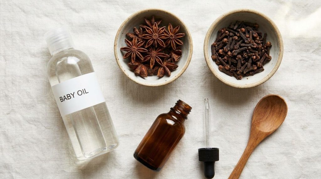 A flat lay showing the ingredients for the DIY glass skin oil baby oil dried star anise and cloves with an empty glass b