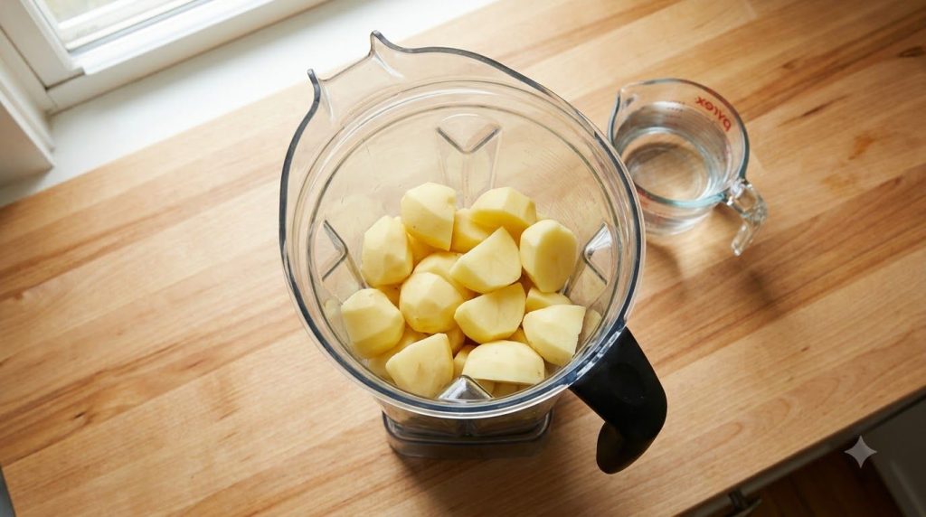 Chopped peeled potatoes in a blender with measuring cup of water next to it