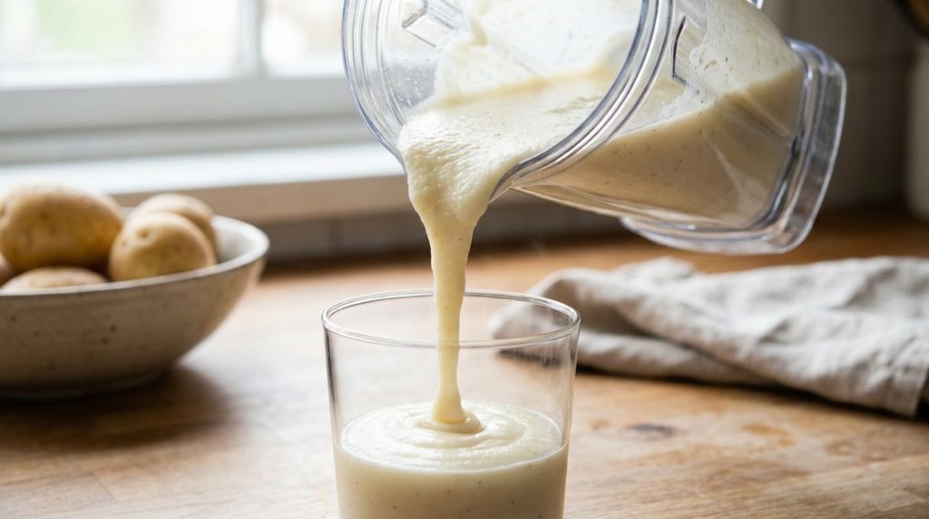 Smooth raw potato puree being poured from a blender into a glass or bowl