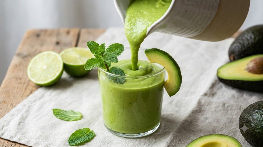 A vibrant green avocado smoothie poured into a clear glass garnished with a slice of fresh avocado or a mint leaf