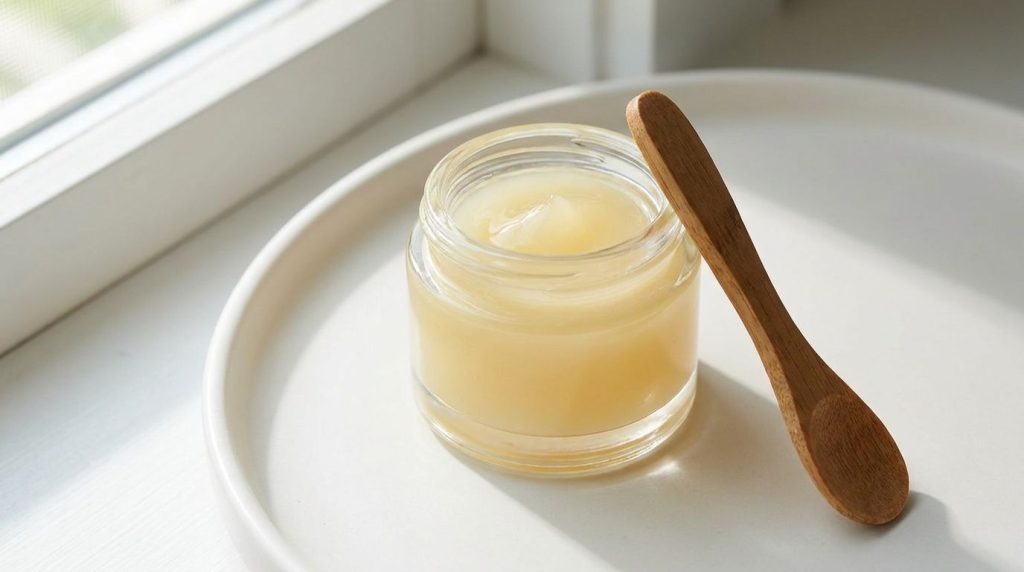 A small glass jar containing the freshly mixed DIY Vaseline and Vitamin E gel with a spoon beside it on a smooth white b