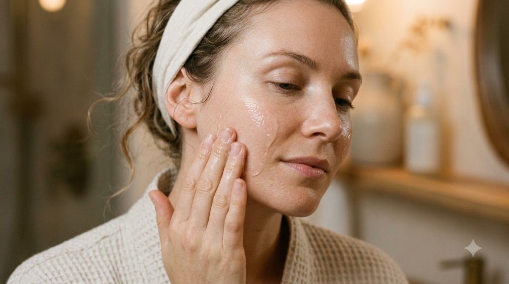 A woman gently massaging the Vaseline and Vitamin E gel into her face as part of her evening skincare routine showing so