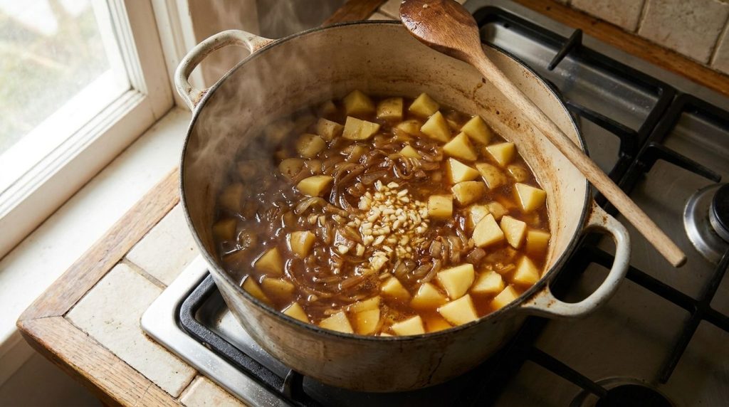 Diced potatoes simmering in broth with onions and garlic in a pot
