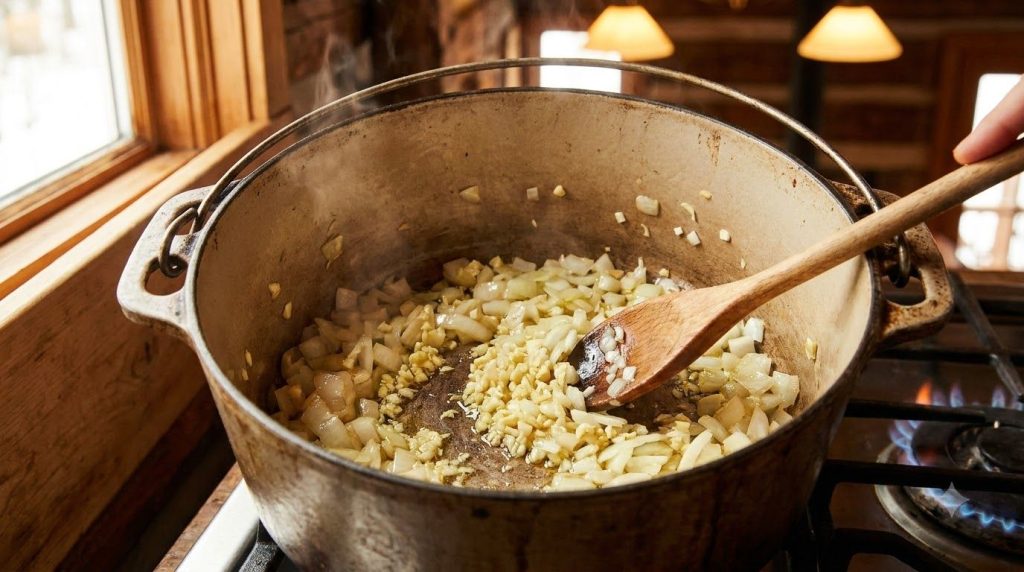 Onions and garlic sautéing in a pot on a stovetop