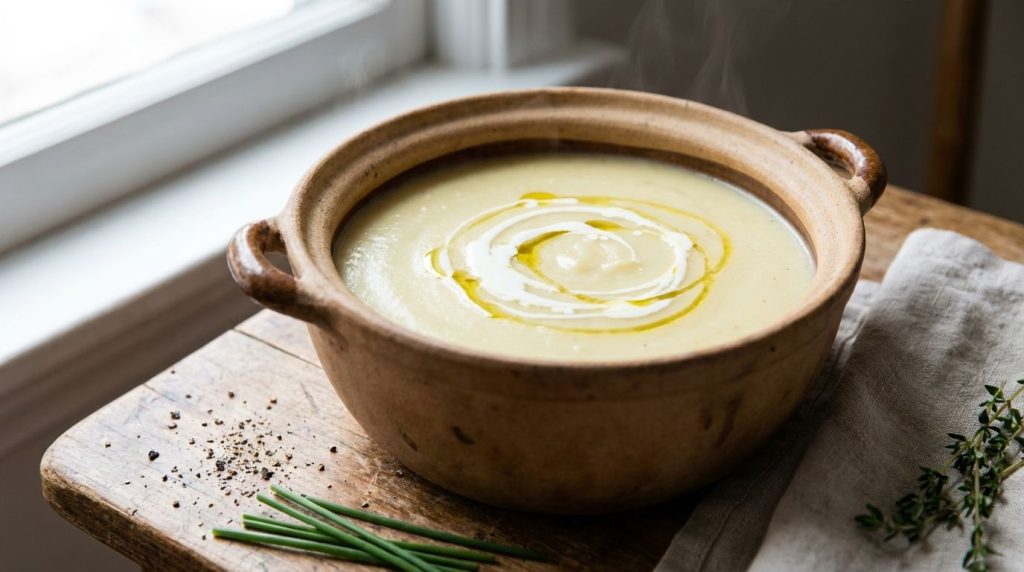 A creamy blended potato soup in a pot ready to be served