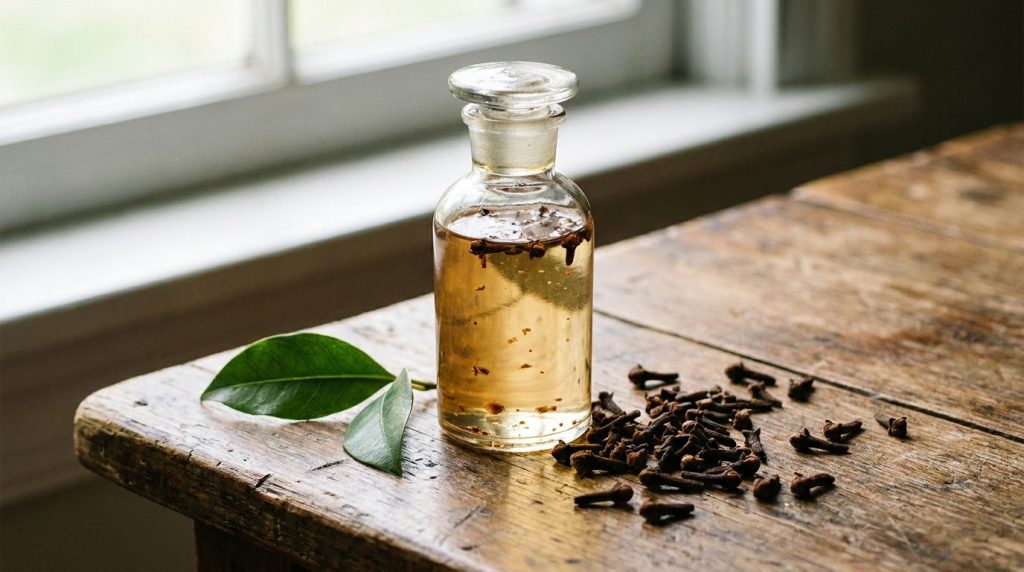 A small glass bottle of homemade clove-infused oil next to some dried whole cloves and a few green leaves on a rustic wo
