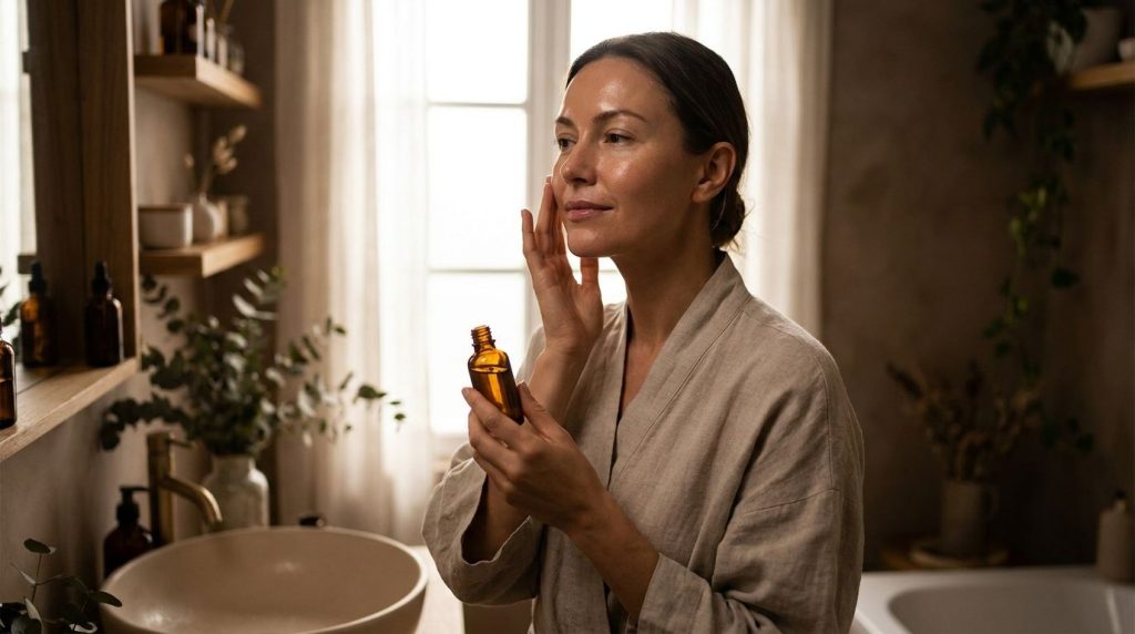A woman gently massaging homemade lemon and clove infused oil onto her face with a soft natural glow on her skin