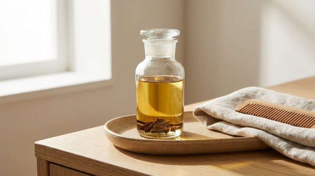 A small bottle of homemade clove-infused baby oil with whole cloves visible at the bottom placed on a smooth warm-toned