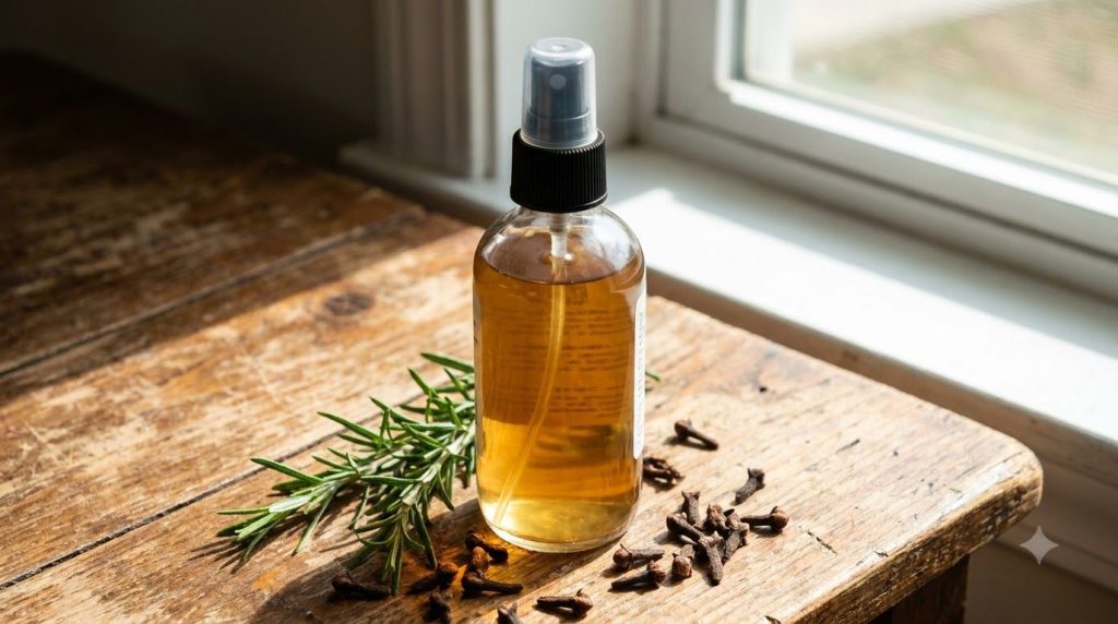 A close-up of a clear glass spray bottle filled with golden brown clove toner surrounded by scattered whole cloves and a