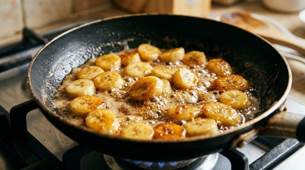Sliced bananas caramelizing in a non-stick pan with melted butter and brown sugar bubbling around the edges
