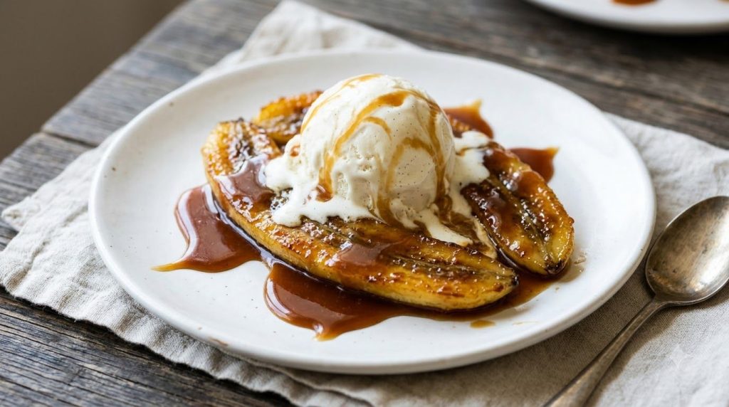 A serving of warm caramelized bananas topped with a scoop of vanilla ice cream and a drizzle of the caramel sauce
