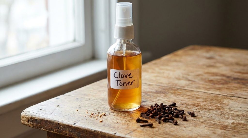 A close-up of a glass spray bottle filled with amber liquid with a small pile of whole cloves beside it on a wooden surf