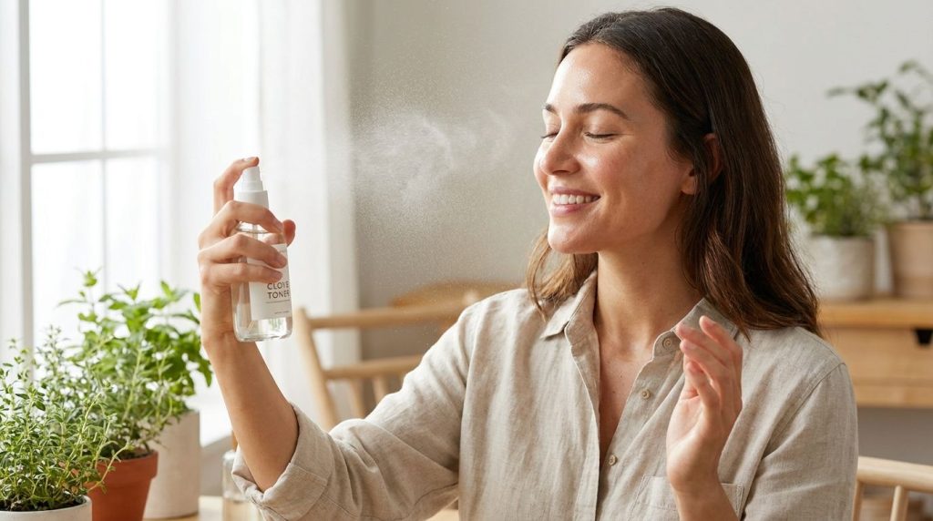 A woman gently misting her face with a spray bottle of clove toner with a healthy glowing complexion in a bright natural